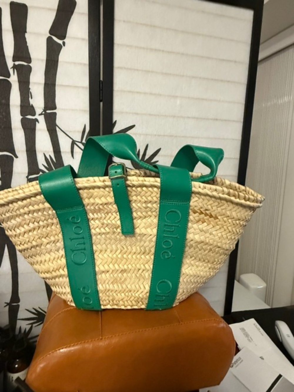 Chloe Sense Medium Raffia Handbag with Green Handles